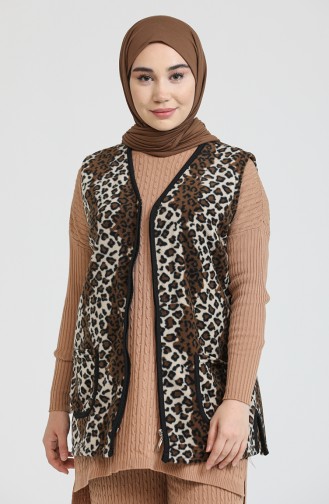 Leopar Desenli Polar Yelek 0005A-01 Kahverengi