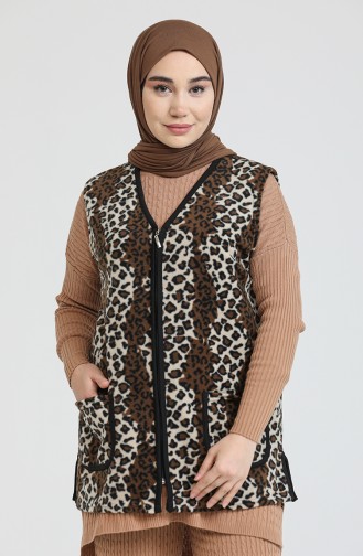 Leopar Desenli Polar Yelek 0005A-01 Kahverengi