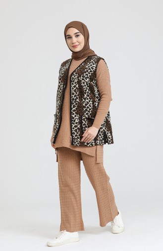 Leopar Desenli Polar Yelek 0005A-01 Kahverengi