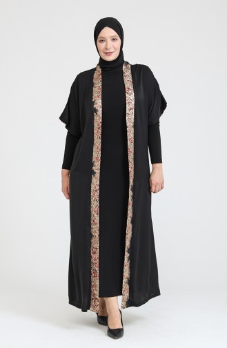 Büyük Beden Elbise Abaya İkili Takım 8103-04 Siyah Bordo