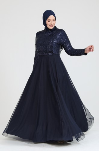 Navy Blue Hijab Evening Dress 80114-02