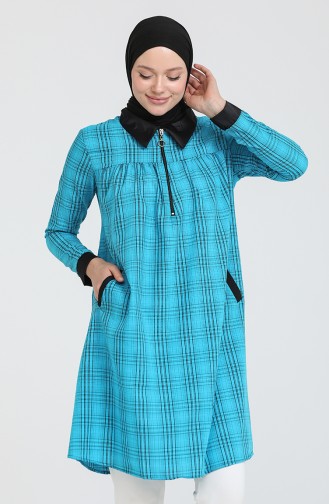 Desenli Fermuarlı Cepli Tunik 801015 Mavi