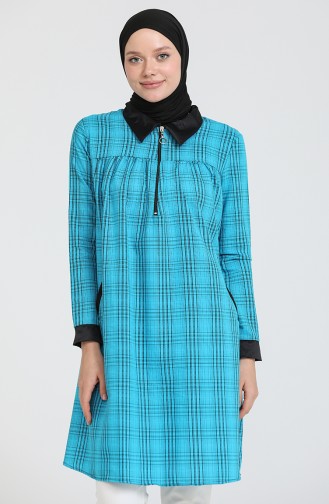 Desenli Fermuarlı Cepli Tunik 801015 Mavi