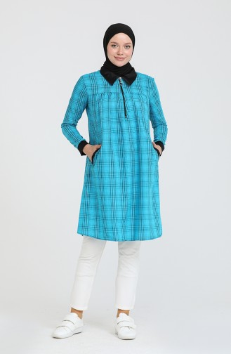 Desenli Fermuarlı Cepli Tunik 801015 Mavi