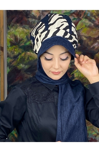 Damla Model İri Zebra Desenli Tesettür Hazır Türban Şapka 194EYL22ŞPK-01 Lacivert