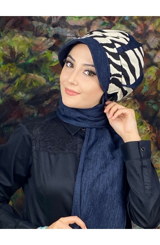 Damla Model İri Zebra Desenli Tesettür Hazır Türban Şapka 194EYL22ŞPK-01 Lacivert