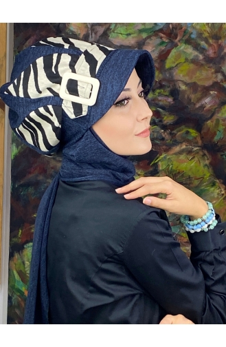 Damla Model İri Zebra Desenli Tesettür Hazır Türban Şapka 194EYL22ŞPK-01 Lacivert