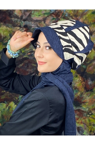 Damla Model İri Zebra Desenli Tesettür Hazır Türban Şapka 194EYL22ŞPK-01 Lacivert