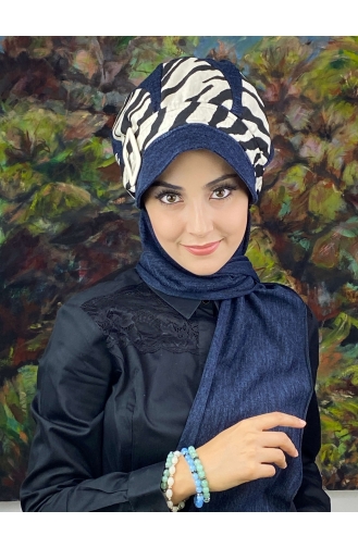 Damla Model İri Zebra Desenli Tesettür Hazır Türban Şapka 194EYL22ŞPK-01 Lacivert