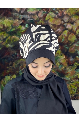 Damla Model İri Zebra Desenli Tesettür Hazır Türban Şapka 194EYL22ŞPK-02 Siyah