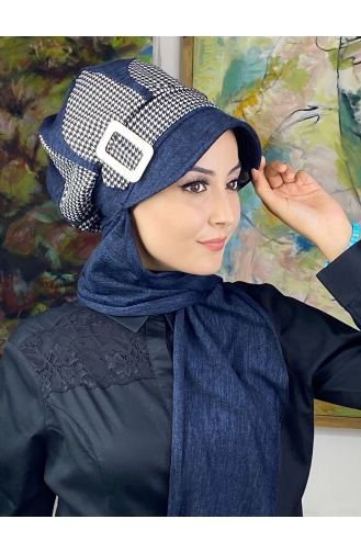 Damla Model Kazayağı Desenli Tesettür Hazır Türban Şapka 244EYL22ŞPK-01 Lacivert