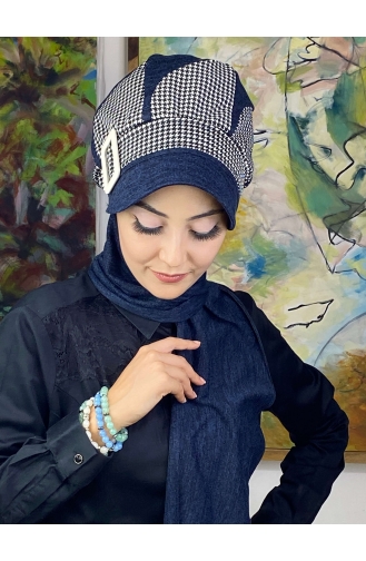 Damla Model Kazayağı Desenli Tesettür Hazır Türban Şapka 244EYL22ŞPK-01 Lacivert
