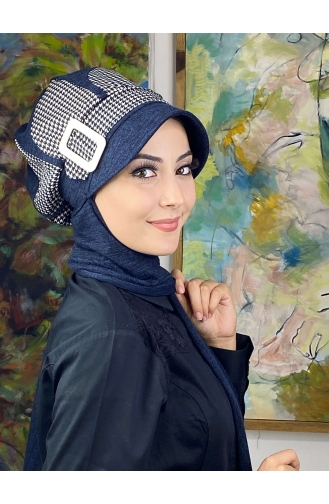 Damla Model Kazayağı Desenli Tesettür Hazır Türban Şapka 244EYL22ŞPK-01 Lacivert