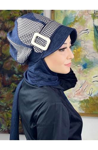 Damla Model Kazayağı Desenli Tesettür Hazır Türban Şapka 244EYL22ŞPK-01 Lacivert