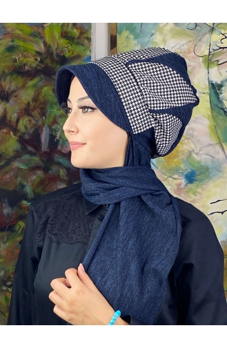 Damla Model Kazayağı Desenli Tesettür Hazır Türban Şapka 244EYL22ŞPK-01 Lacivert