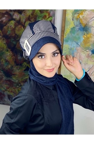 Damla Model Kazayağı Desenli Tesettür Hazır Türban Şapka 244EYL22ŞPK-01 Lacivert
