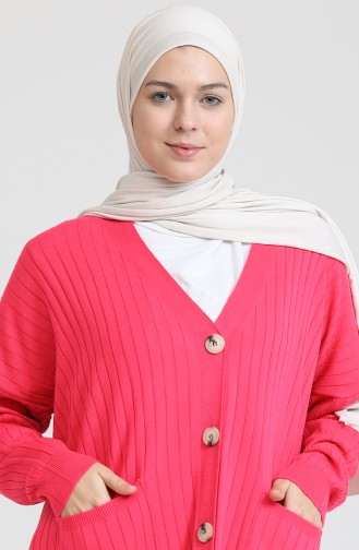 Triko Düğmeli Uzun Hırka 3369-05 Fuşya