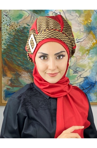 Red Ready to Wear Turban 424EYL22ŞPK-02