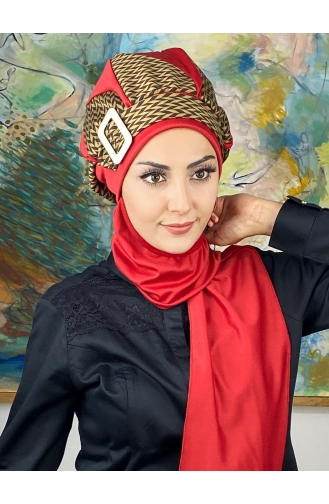 Red Ready to Wear Turban 424EYL22ŞPK-02