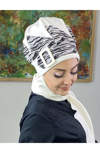 Çarkıfelek Atkılı Tesettür Bere 256EYLL22BERE-02 Beyaz Siyah