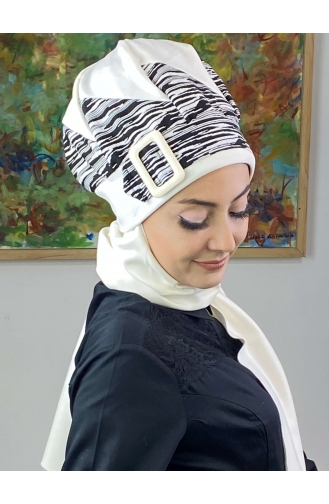 Çarkıfelek Atkılı Tesettür Bere 256EYLL22BERE-02 Beyaz Siyah
