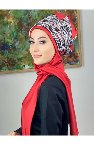 Çarkıfelek Atkılı Tesettür Bere 256EYLL22BERE-04 Kırmızı Beyaz