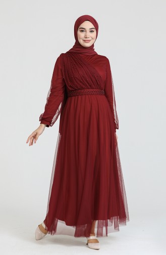 Claret Red Hijab Evening Dress 0390-01