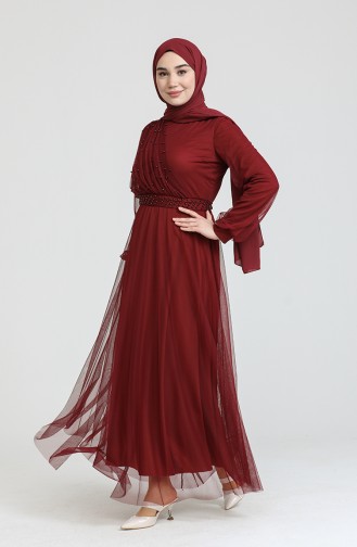 Claret Red Hijab Evening Dress 0390-01
