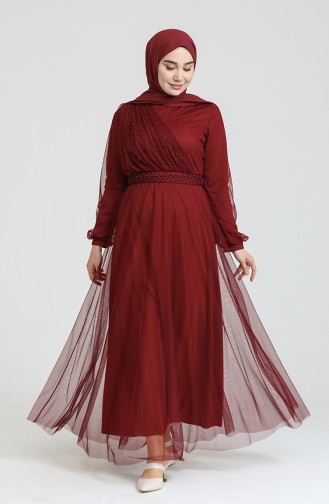 Claret Red Hijab Evening Dress 0390-01