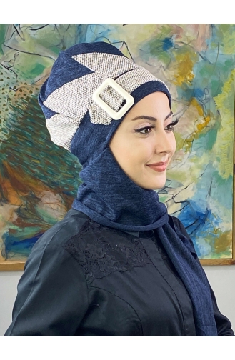 Tokalı Atkılı Tesettür Bere 176EYLL22BERE-06 Lacivert Koyu Kahverengi