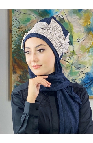 Tokalı Atkılı Tesettür Bere 176EYLL22BERE-06 Lacivert Koyu Kahverengi