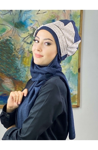 Tokalı Atkılı Tesettür Bere 176EYLL22BERE-06 Lacivert Koyu Kahverengi
