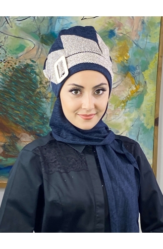 Tokalı Atkılı Tesettür Bere 176EYLL22BERE-06 Lacivert Koyu Kahverengi