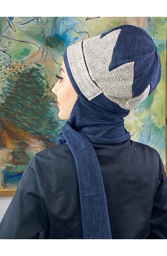 Tokalı Atkılı Tesettür Bere 176EYLL22BERE-06 Lacivert Koyu Kahverengi