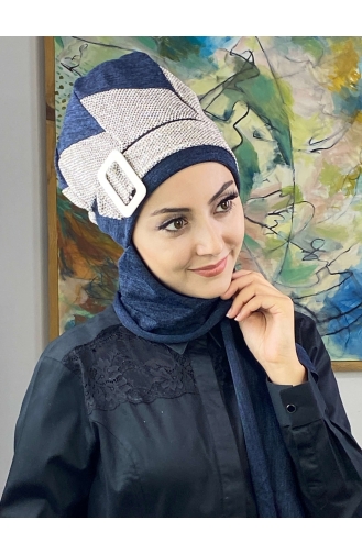 Tokalı Atkılı Tesettür Bere 176EYLL22BERE-06 Lacivert Koyu Kahverengi