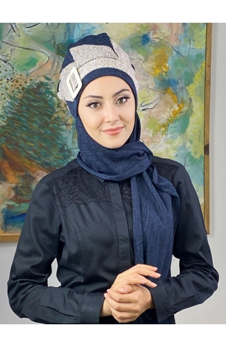 Tokalı Atkılı Tesettür Bere 176EYLL22BERE-06 Lacivert Koyu Kahverengi