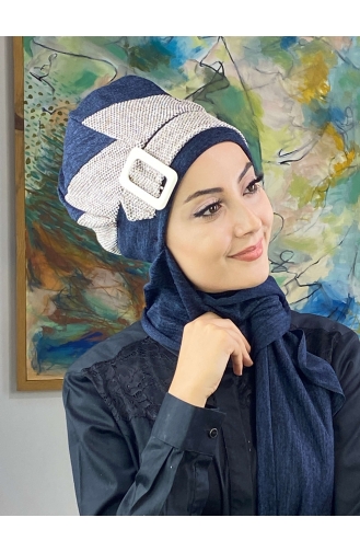 Tokalı Atkılı Tesettür Bere 176EYLL22BERE-06 Lacivert Koyu Kahverengi