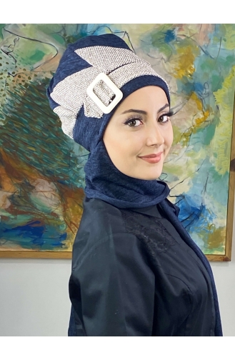 Tokalı Atkılı Tesettür Bere 176EYLL22BERE-06 Lacivert Koyu Kahverengi
