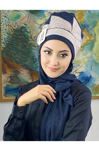 Tokalı Atkılı Tesettür Bere 176EYLL22BERE-06 Lacivert Koyu Kahverengi