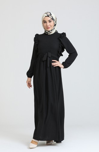 Kadın Omzu Fırfırlı Bel Kuşaklı Tesettür Elbise 7037 Siyah