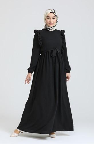 Kadın Omzu Fırfırlı Bel Kuşaklı Tesettür Elbise 7037 Siyah