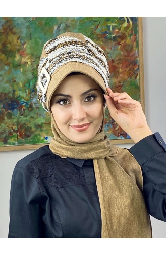 Çarkıfelek Atkılı Tesettür Şapka 386EYLL22ŞAPK-01 Kahverengi