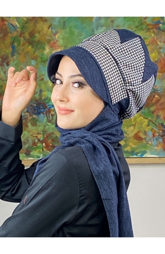 Çarkıfelek Atkılı Tesettür Şapka 466EYLL22ŞAPK-01 Lacivert Beyaz