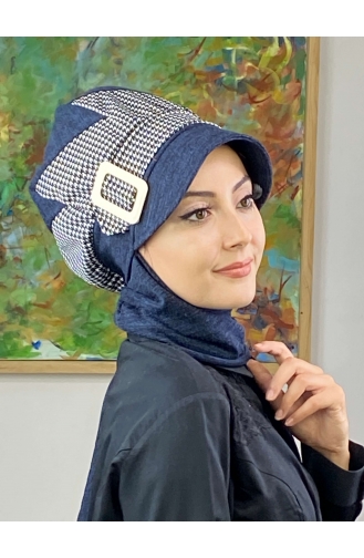 Çarkıfelek Atkılı Tesettür Şapka 466EYLL22ŞAPK-01 Lacivert Beyaz