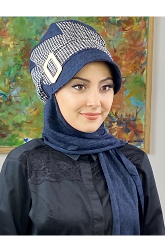 Çarkıfelek Atkılı Tesettür Şapka 466EYLL22ŞAPK-01 Lacivert Beyaz