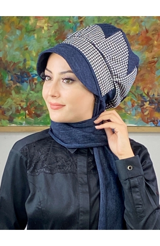 Çarkıfelek Atkılı Tesettür Şapka 466EYLL22ŞAPK-01 Lacivert Beyaz