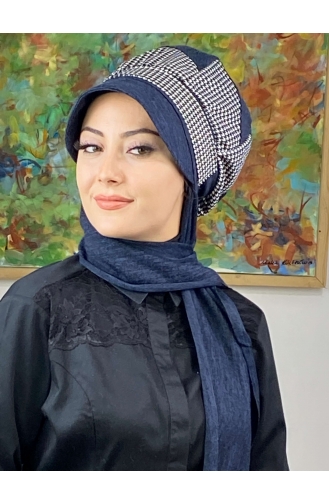 Çarkıfelek Atkılı Tesettür Şapka 466EYLL22ŞAPK-01 Lacivert Beyaz