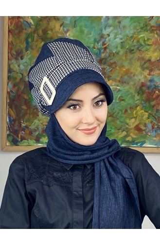 Çarkıfelek Atkılı Tesettür Şapka 466EYLL22ŞAPK-01 Lacivert Beyaz