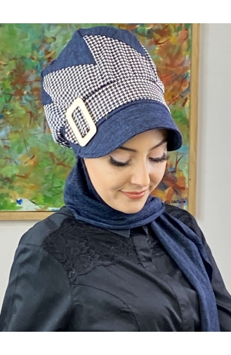 Çarkıfelek Atkılı Tesettür Şapka 466EYLL22ŞAPK-01 Lacivert Beyaz