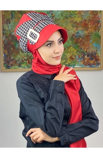 Çarkıfelek Atkılı Tesettür Şapka 476EYLL22ŞAPK-03 Kırmızı Siyah